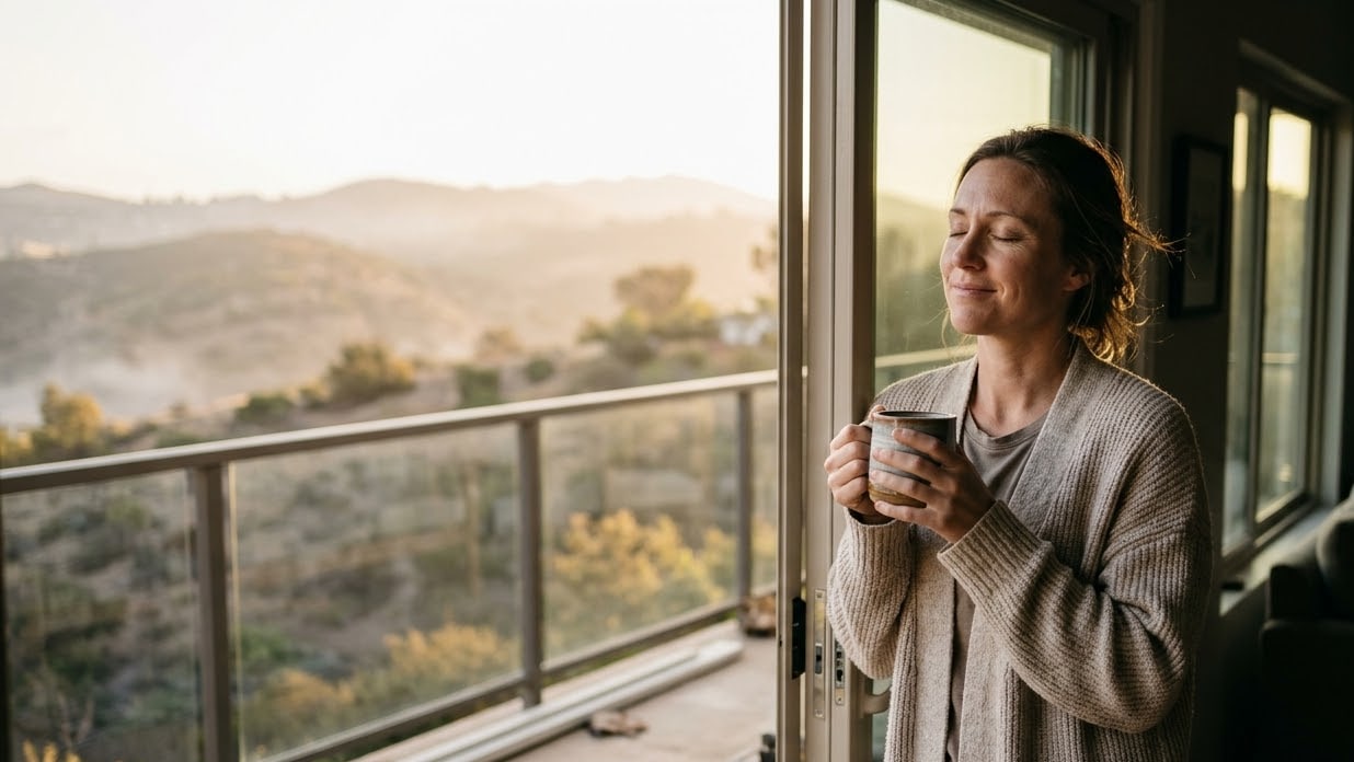 Woman enjoying morning coffee at sunrise
