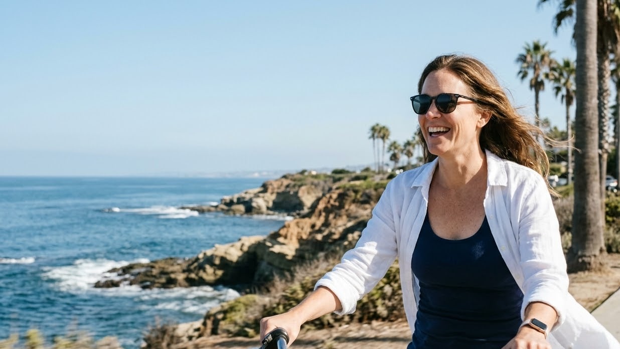 Woman riding a bicycle along the San Diego coast
