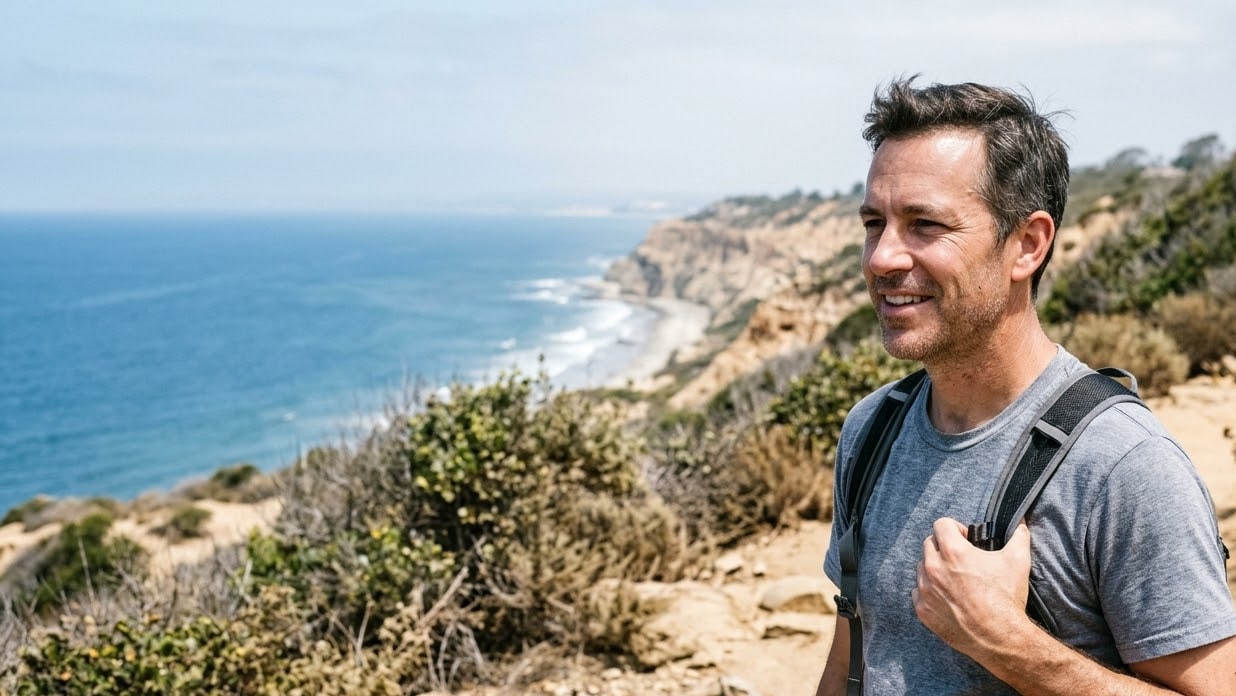 Man pausing on a coastal hiking trail