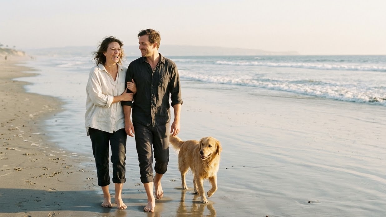 Couple walking on the beach with their dog