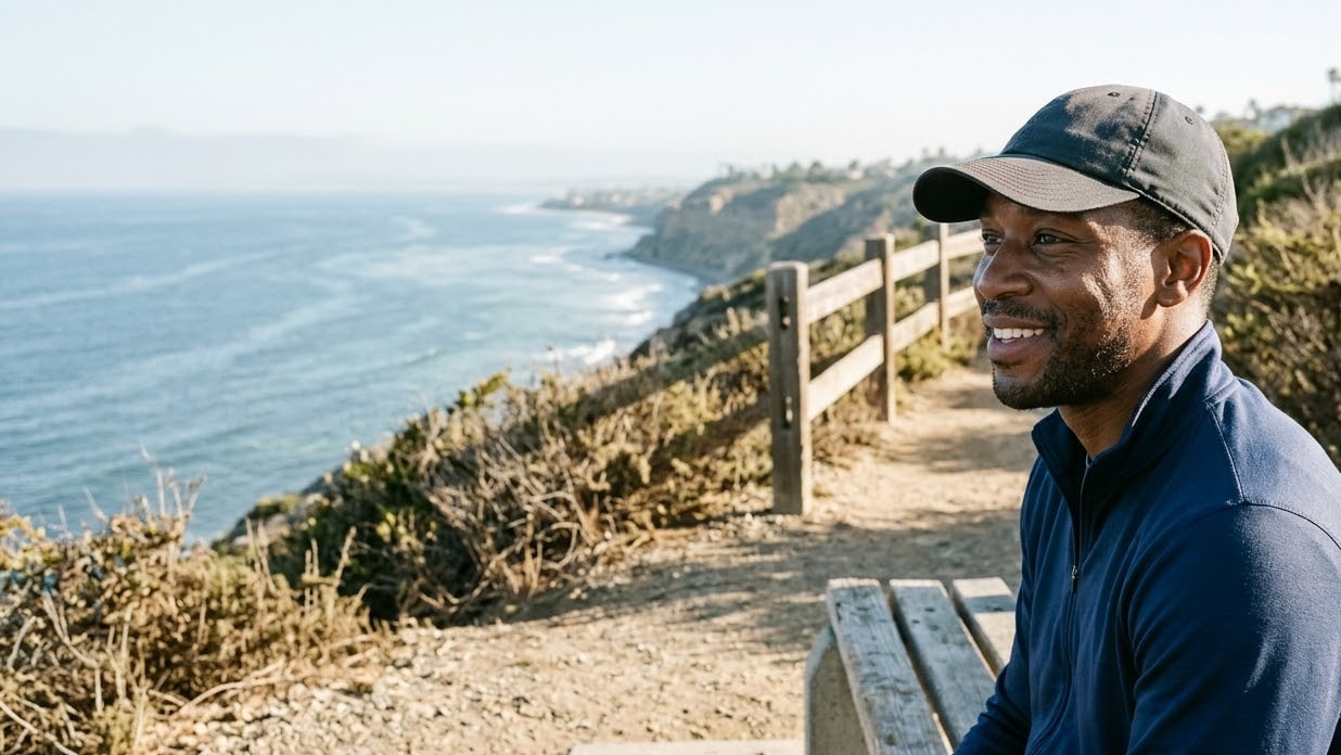 Man smiling on a bench overlooking the ocean